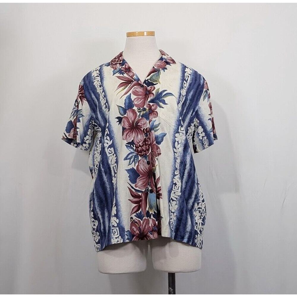 Vintage 90s Blouse Hilo Hattie Blue Hawaiian Floral Top Shirt Women's Size S